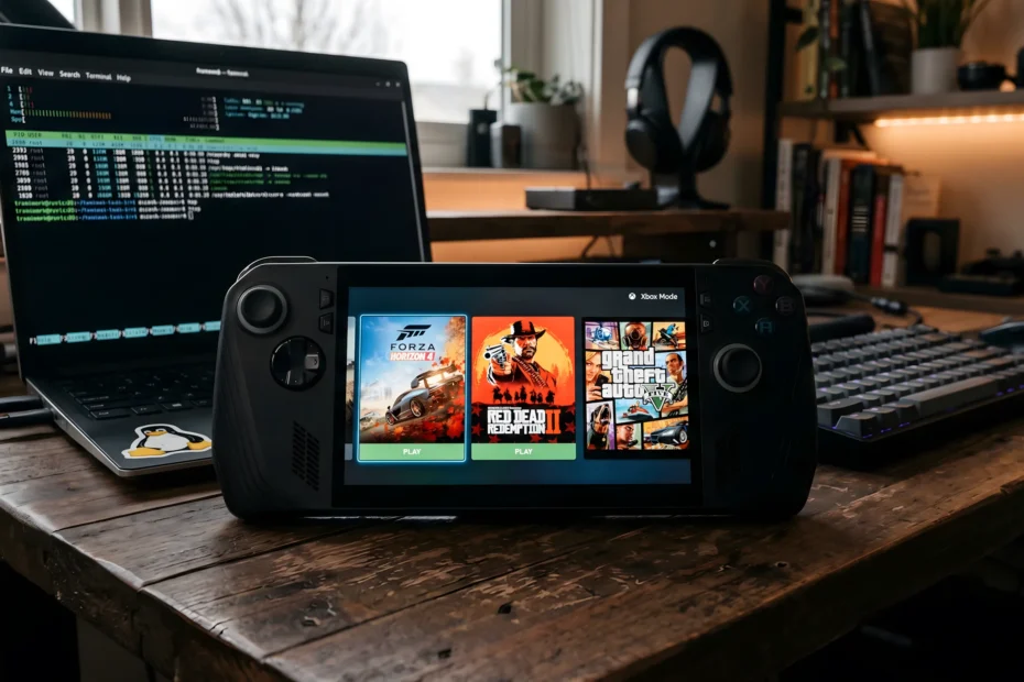 A black ASUS ROG Ally X handheld gaming console sitting on a rustic wooden desk, showing the Windows Xbox Mode interface with game tiles for Forza Horizon 4, Red Dead Redemption 2 and GTA V. In the background, a laptop displays a Linux terminal and a Tux penguin sticker.