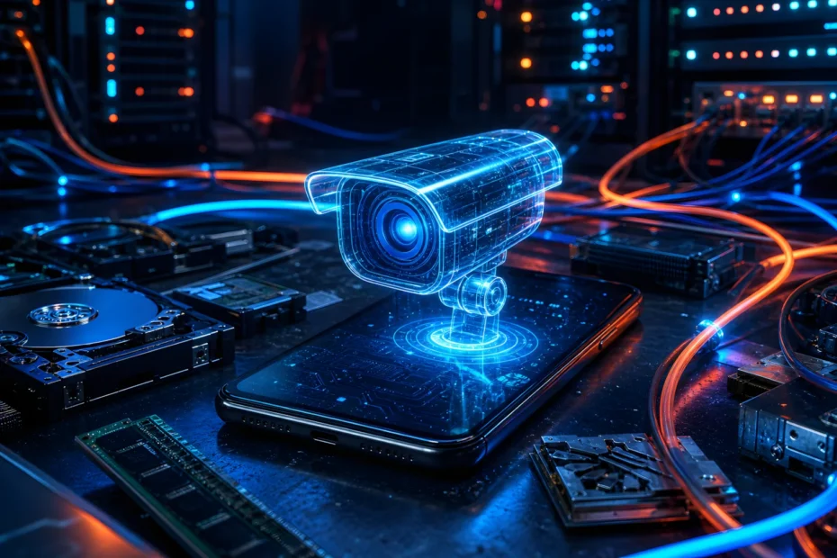 A glowing blue holographic CCTV surveillance camera emerging from the screen of a smartphone on a dark workbench with disassembled computer parts and server racks in the background.