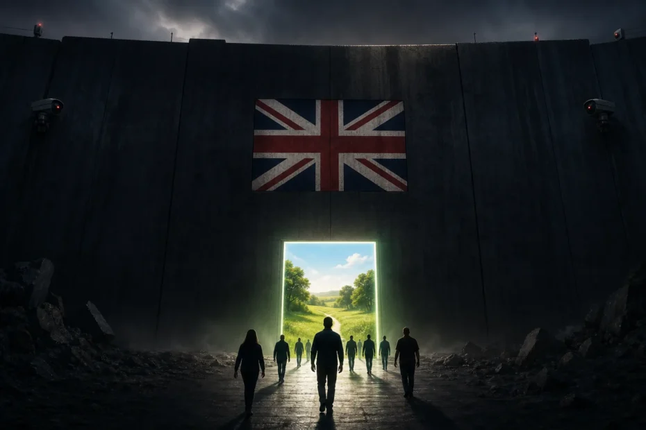 A group of people walking toward a glowing green portal in a massive, dark concrete wall featuring a Union Flag and surveillance cameras.