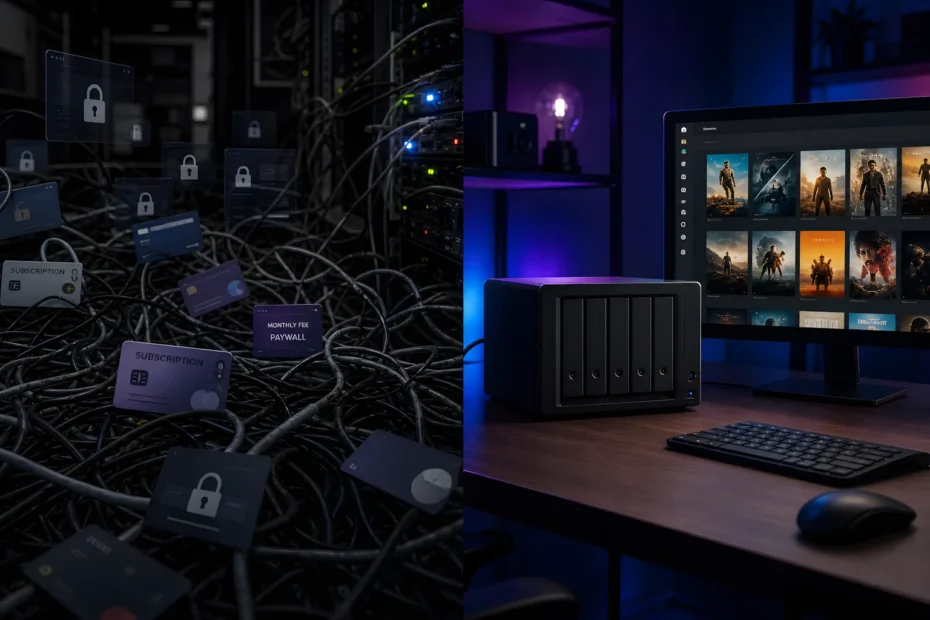 A split-screen digital art piece contrasting a dark room filled with tangled cables and floating 'Subscription' and 'Paywall' cards on the left, with a clean, organised wooden desk featuring a black NAS drive and a monitor showing a private media library on the right.