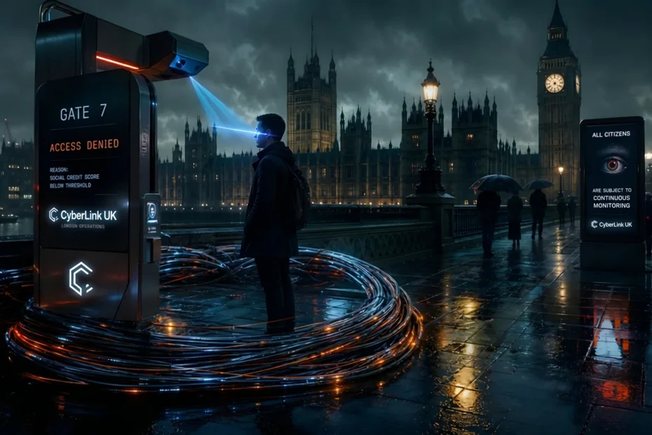 A dystopian "CyberLink UK" biometric terminal on Westminster Bridge scanning a man’s eyes. A digital billboard in the rain displays an unblinking eye and the text "ALL CITIZENS ARE SUBJECT TO CONTINUOUS MONITORING." Thick, glowing data cables are coiled in a massive "vicious circle" around the man’s feet.