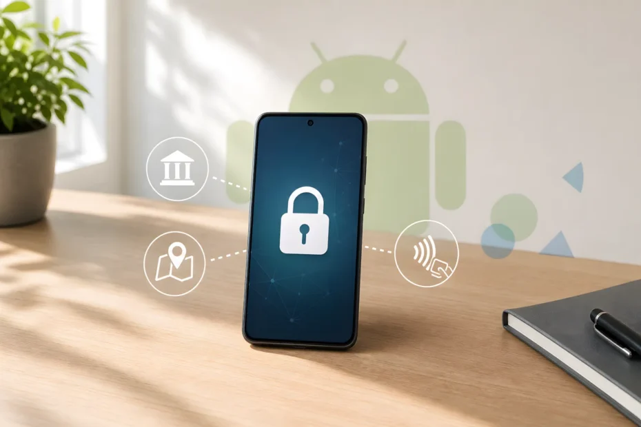 Privacy-focused Android smartphone with a lock icon on the screen, Android logo on the wall, and security and payment icons on a desk.